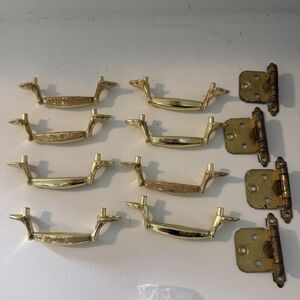 Lot of 8 VTG Gold Polished Brass Drawer Cabinet Pulls & 4 Hinges